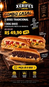 2 Dogs Tradicional + Dog Doce ( chocolate preto ou branco )