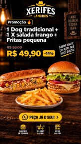 1 Dog tradicional + 1 X salada frango + Fritas pequena